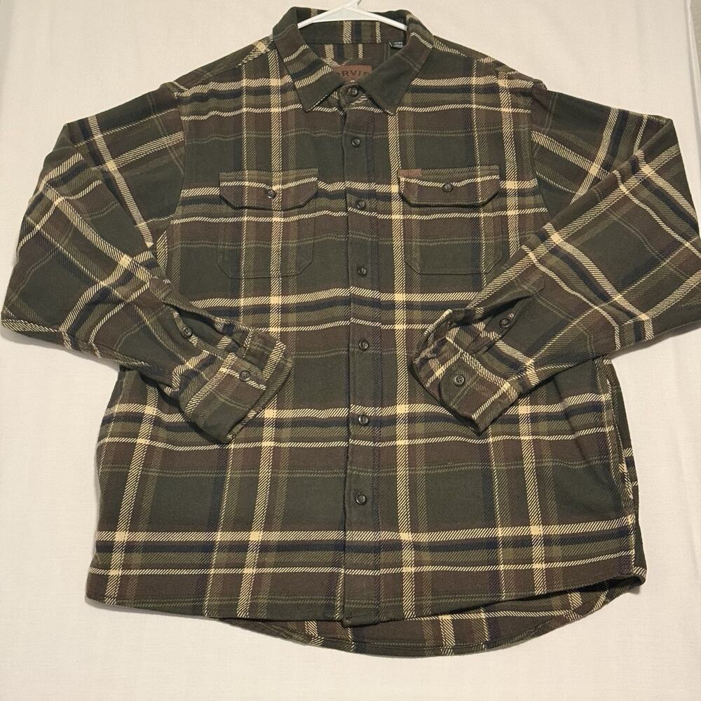 ORVIS Men’s XL Olive Green Plaid Heavy Flannel Shirt -Side Pockets 100% Cotton